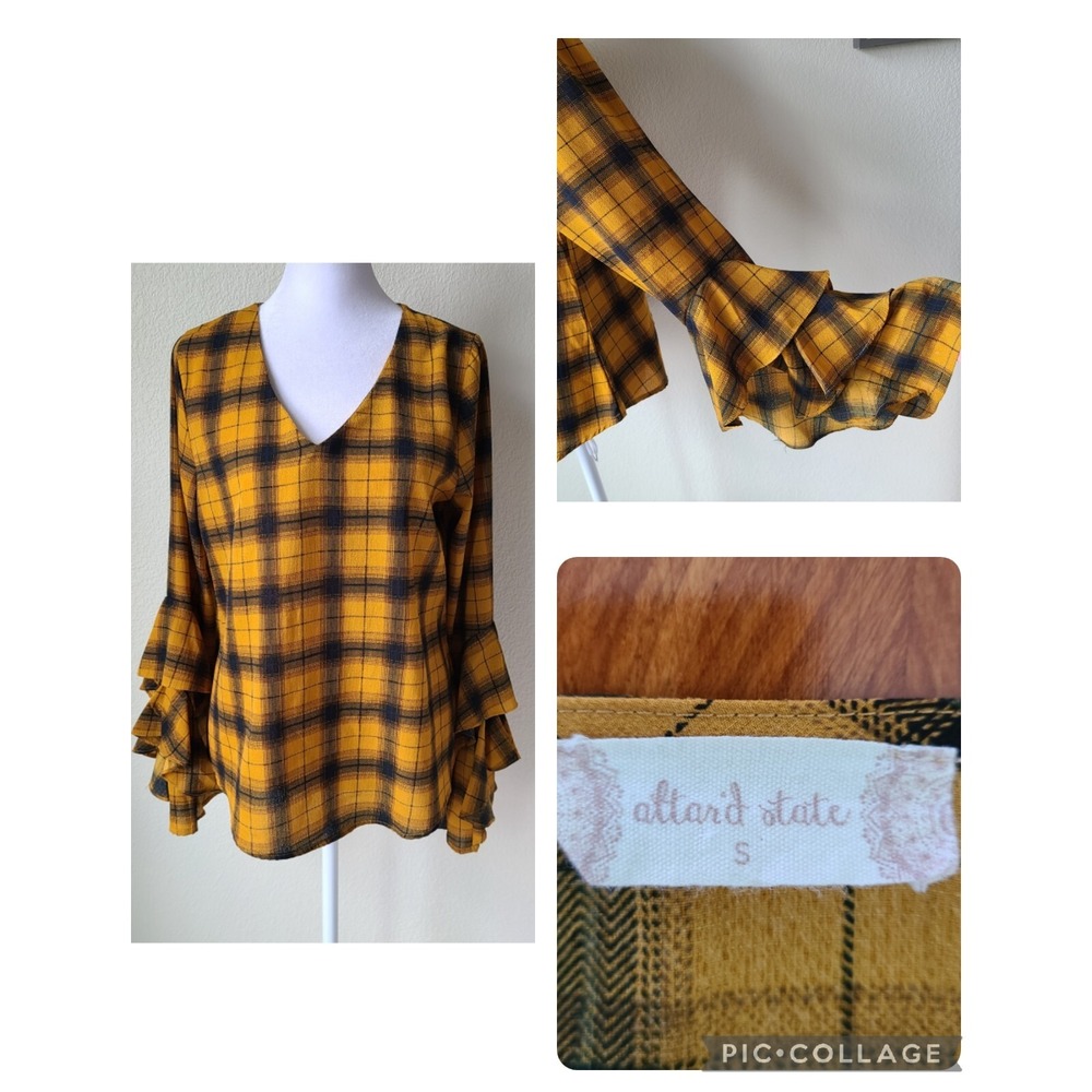Altar'd State Plaid Academia Top Tunic Small Ruffle‎ Bell Sleeves School Office - Picture 3 of 10